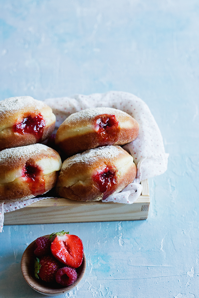 PB and J Donuts - This dough starts with a roux that results in a super soft, yeast donut that gets fried and filled with an easy homemade jam before getting dusted with powdered peanut butter sugar.