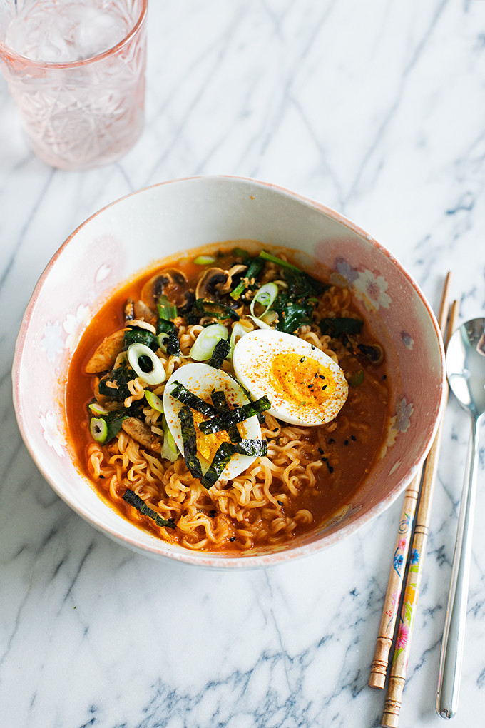 Cheater's Spicy Miso Ramen--This quick, umami-rich ramen is made easy and flavorful with a combination of savory white miso paste and spicy gochujang. This is a great way to use up any random veggies in your crisper drawer!