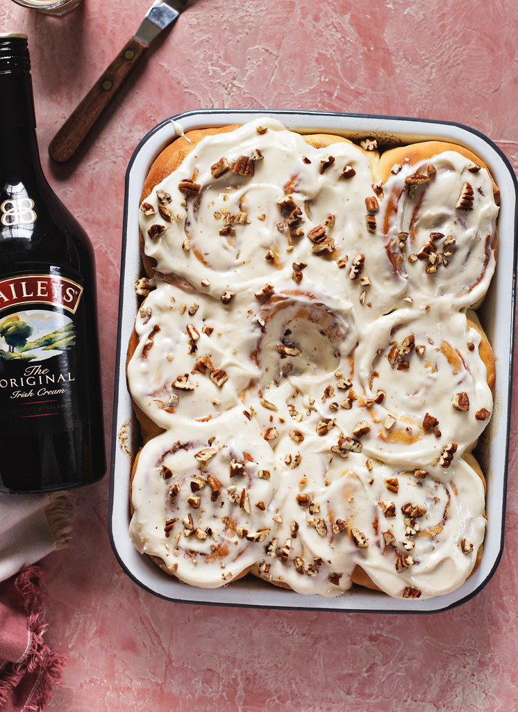 Chai Spice Rolls with Bailey's Frosting and Pecans